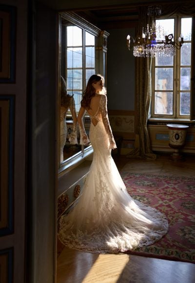 Sparkly Lace Long Sleeve Fit-And-Flare Wedding Dress With Open Back by Randy Fenoli - Image 2