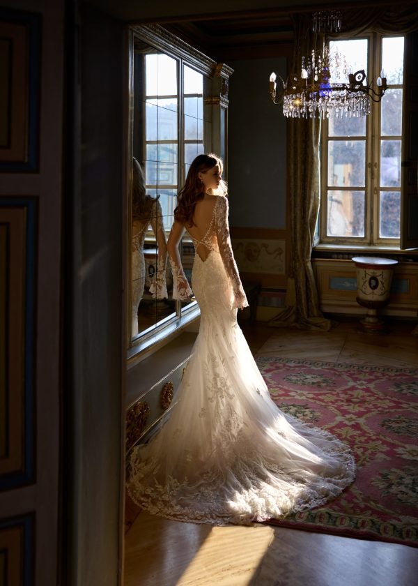 Sparkly Lace Long Sleeve Fit-And-Flare Wedding Dress With Open Back by Randy Fenoli - Image 2
