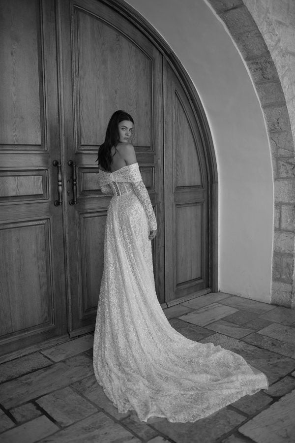 Chic And Glamorous Embellished Lace A-Line Wedding Dress With Detachable Shawl by Arava Polak - Image 3