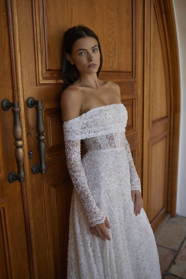 Chic And Glamorous Embellished Lace A-Line Wedding Dress With Detachable Shawl by Arava Polak - Image 1