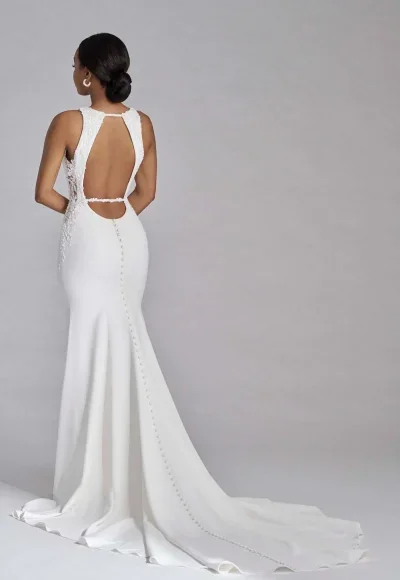 Chic And Modern High-Neck Crepe Fit-And-Flare Wedding Dress With Open Back by Madison James - Image 2