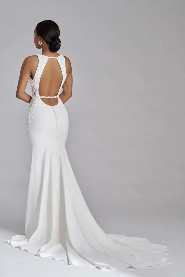 Chic And Modern High-Neck Crepe Fit-And-Flare Wedding Dress With Open Back by Madison James - Image 2