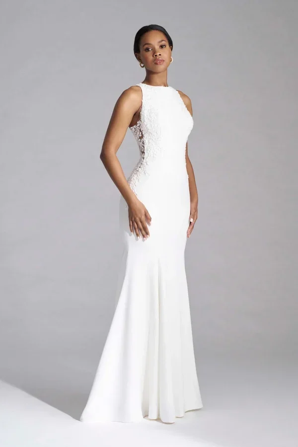 Chic And Modern High-Neck Crepe Fit-And-Flare Wedding Dress With Open Back by Madison James - Image 1