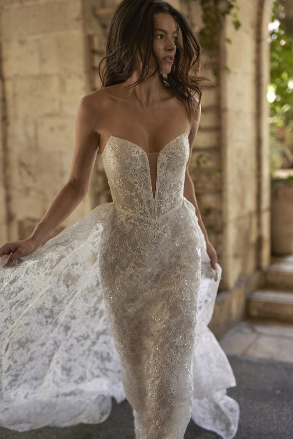 Chic And Glamorous Sparkly Lace Sheath Wedding Dress With Detachable Overskirt by Arava Polak - Image 1