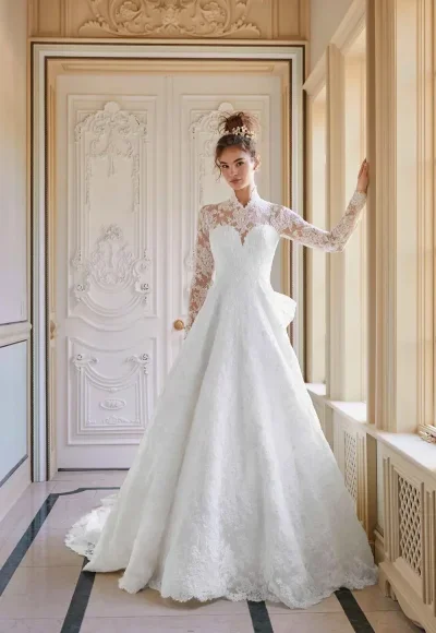 Plus-Size High-Neck Long Sleeve Lace Ball Gown With Bow by Sareh Nouri - Image 3