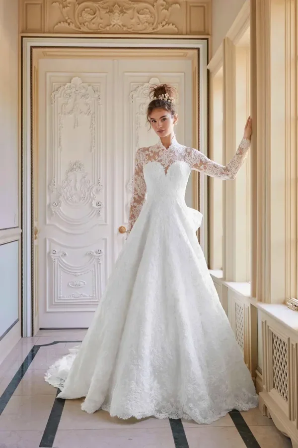 Plus-Size High-Neck Long Sleeve Lace Ball Gown With Bow by Sareh Nouri - Image 3