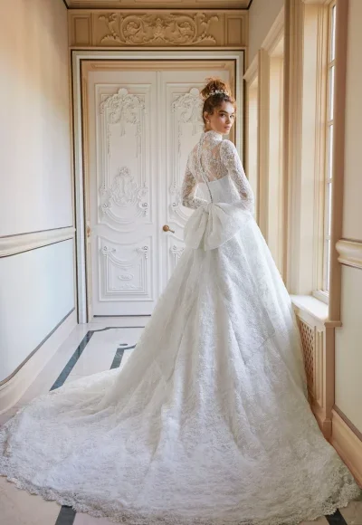 Plus-Size High-Neck Long Sleeve Lace Ball Gown With Bow by Sareh Nouri - Image 4