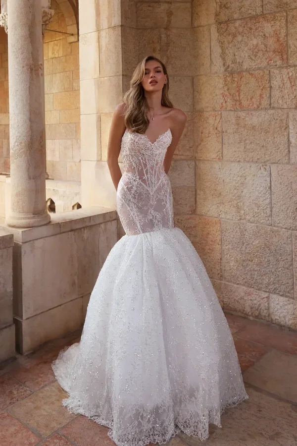 Romantic And Dramatic Sparkly Lace Mermaid Wedding Dress by Pnina Tornai - Image 1