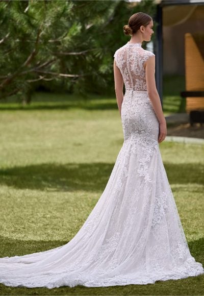 Lace High-Neck Cap Sleeve Fit-And-Flare Wedding Dress With Buttons by Pronovias - Image 2