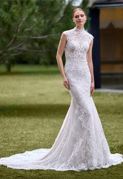 Lace High-Neck Cap Sleeve Fit-And-Flare Wedding Dress With Buttons by Pronovias