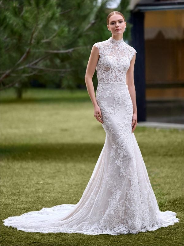 Lace High-Neck Cap Sleeve Fit-And-Flare Wedding Dress With Buttons by Pronovias - Image 1