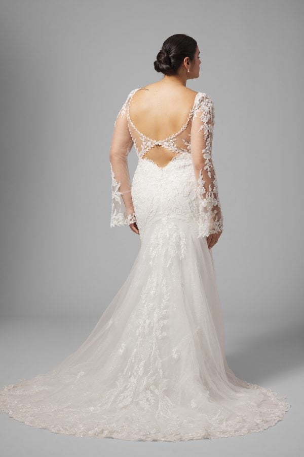 Plus-Size Sparkly Lace Long Sleeve Fit-And-Flare Wedding Dress With Open Back by Randy Fenoli - Image 3