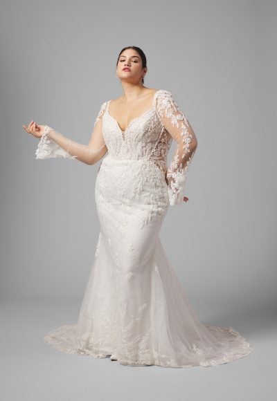 Plus-Size Sparkly Lace Long Sleeve Fit-And-Flare Wedding Dress With Open Back by Randy Fenoli