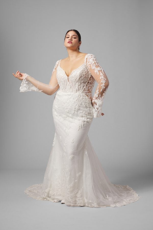 Plus-Size Sparkly Lace Long Sleeve Fit-And-Flare Wedding Dress With Open Back by Randy Fenoli - Image 1