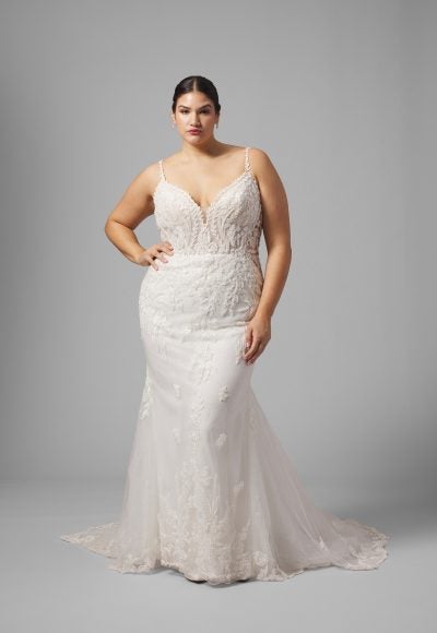 Plus-Size Sparkly Lace Long Sleeve Fit-And-Flare Wedding Dress With Open Back by Randy Fenoli - Image 2