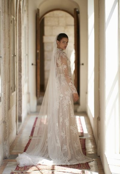 Chic And Romantic Lace High-Neck Long Sleeve Fit-And-Flare Wedding Dress by Arava Polak - Image 2