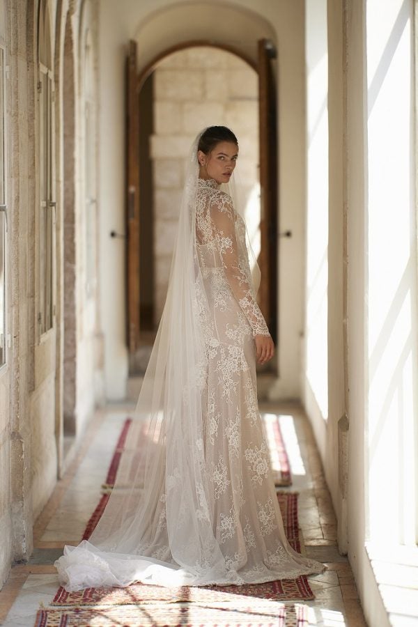 Chic And Romantic Lace High-Neck Long Sleeve Fit-And-Flare Wedding Dress by Arava Polak - Image 2