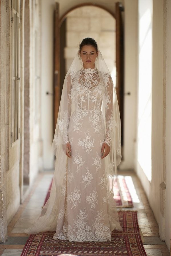 Chic And Romantic Lace High-Neck Long Sleeve Fit-And-Flare Wedding Dress by Arava Polak - Image 1