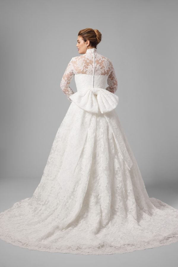 Plus-Size High-Neck Long Sleeve Lace Ball Gown With Bow by Sareh Nouri - Image 2