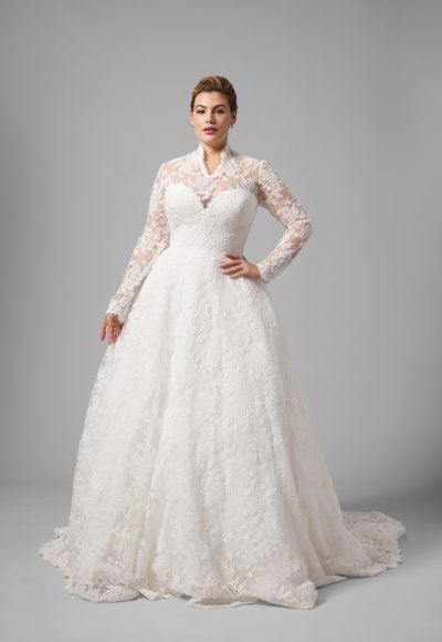 Plus-Size High-Neck Long Sleeve Lace Ball Gown With Bow by Sareh Nouri