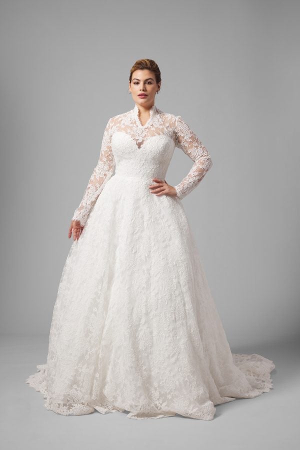 Plus-Size High-Neck Long Sleeve Lace Ball Gown With Bow by Sareh Nouri - Image 1