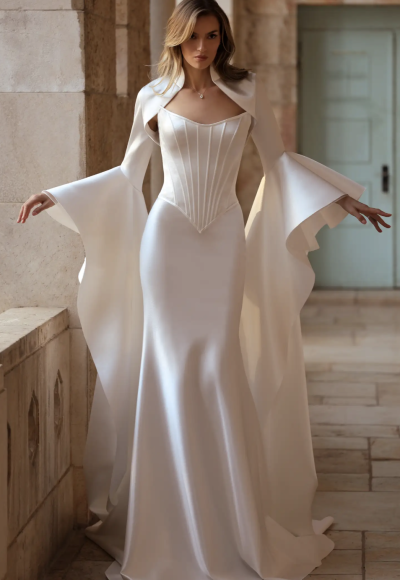 Minimalist Satin Fit-And-Flare Wedding Dress With Corset Bodice And Detachable Bolero by Pnina Tornai