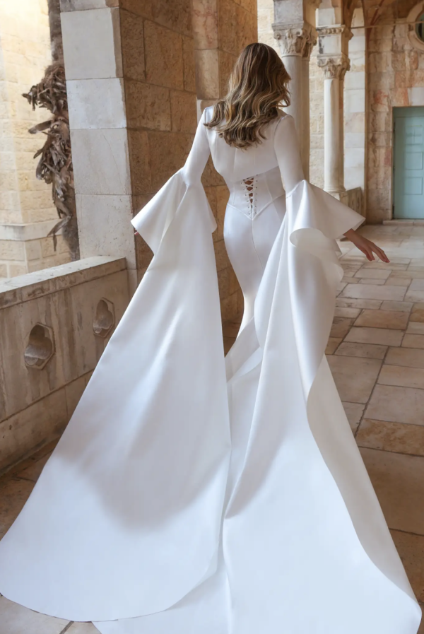 Minimalist Satin Fit-And-Flare Wedding Dress With Corset Bodice And Detachable Bolero by Pnina Tornai - Image 2