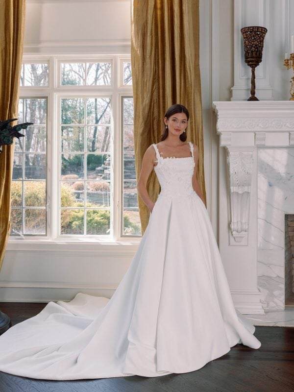 Square-Neck 3D Floral A-Line Wedding Dress With Buttons by Verdin Bridal - Image 1