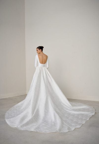 High-Neck Long Sleeve Brocade A-Line Wedding Dress With Open Back And Buttons by Justin Alexander Signature - Image 3