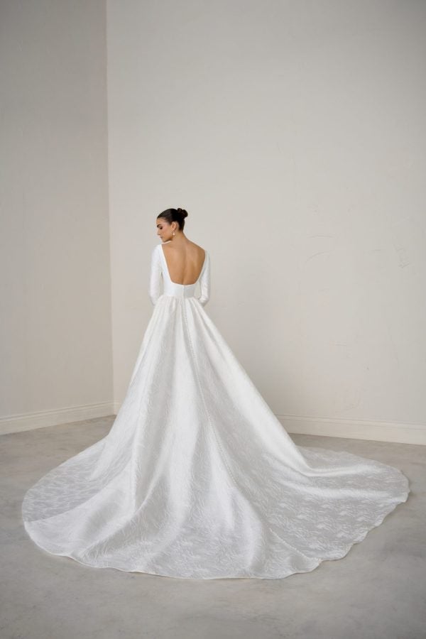 High-Neck Long Sleeve Brocade A-Line Wedding Dress With Open Back And Buttons by Justin Alexander Signature - Image 3