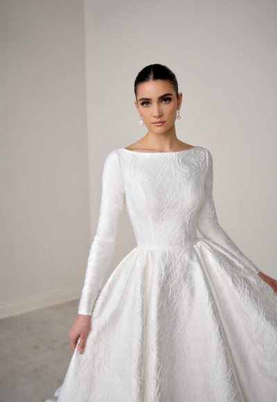 High-Neck Long Sleeve Brocade A-Line Wedding Dress With Open Back And Buttons by Justin Alexander Signature - Image 2