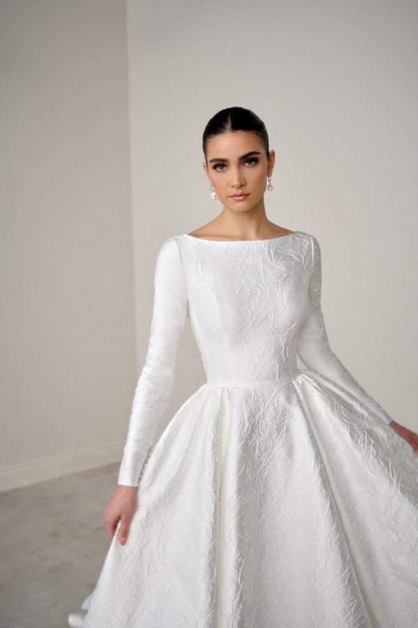 High-Neck Long Sleeve Brocade A-Line Wedding Dress With Open Back And Buttons by Justin Alexander Signature - Image 2