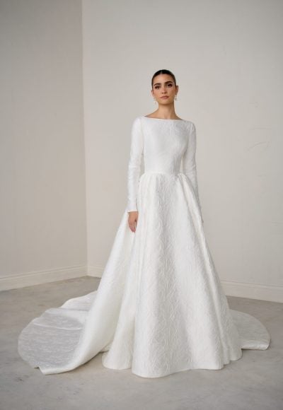 High-Neck Long Sleeve Brocade A-Line Wedding Dress With Open Back And Buttons by Justin Alexander Signature