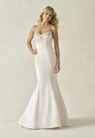 Sleek Embellished Satin Fit-And-Flare Wedding Dress With Buttons by Allure Bridals