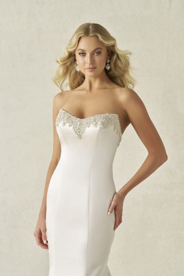 Sleek Embellished Satin Fit-And-Flare Wedding Dress With Buttons by Allure Bridals - Image 2