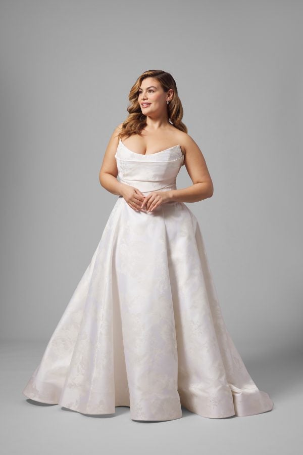 Plus-Size Strapless Peony-Printed Satin A-Line Wedding Dress by Anne Barge - Image 1