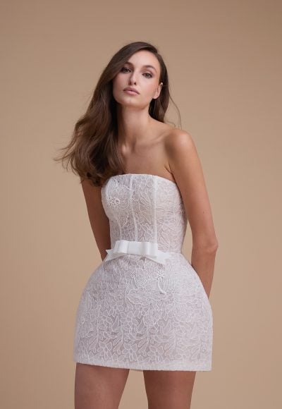 Chic And Romantic Lace Bridal Mini Dress With Bow by Jaclyn Whyte