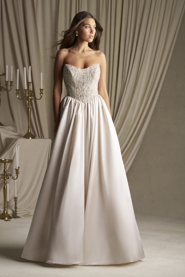 Glamorous Embellished Satin Basque-Waist Ball Gown With Buttons by Allure Bridals - Image 1