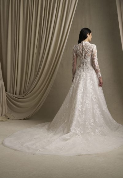 Romantic And Regal Long Sleeve Sparkly Lace A-Line Wedding Dress With Buttons by Allure Bridals - Image 2