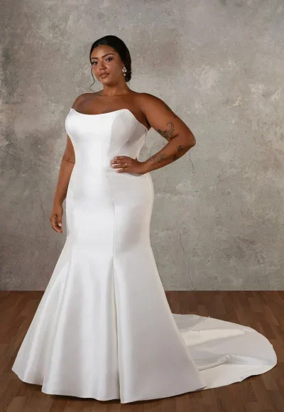Plus-Size Modern And Romantic Strapless 3D Floral Silk Fit-And-Flare Wedding Dress With Buttons by Essense of Australia