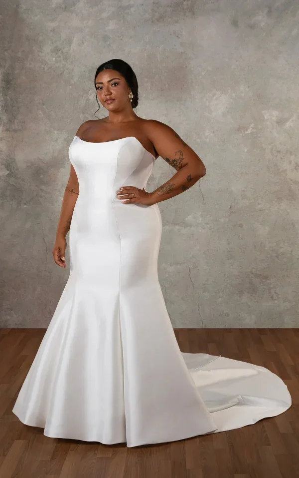 Plus-Size Modern And Romantic Strapless 3D Floral Silk Fit-And-Flare Wedding Dress With Buttons by Essense of Australia - Image 1