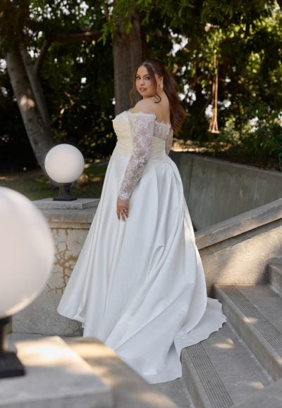 Plus-Size Romantic And Elegant Off-The-Shoulder Long Sleeve A-Line Wedding Dress With Buttons by Essense of Australia - Image 2