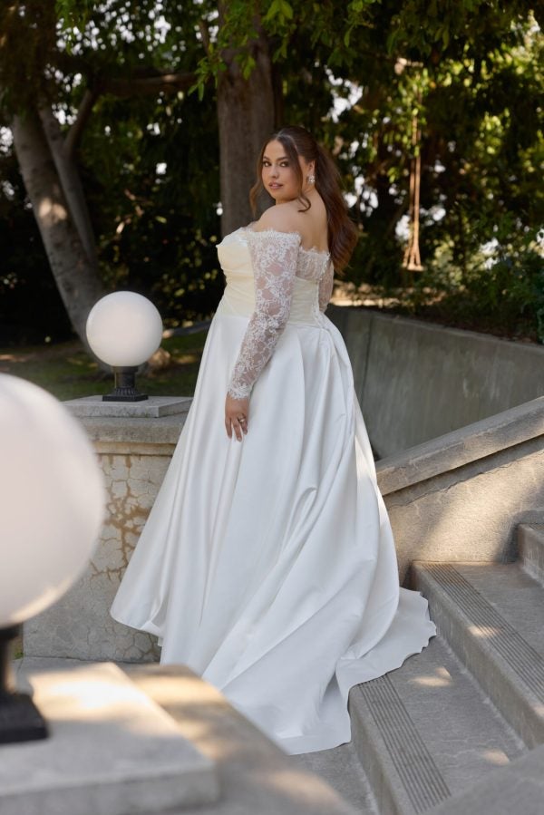Plus-Size Romantic And Elegant Off-The-Shoulder Long Sleeve A-Line Wedding Dress With Buttons by Essense of Australia - Image 2