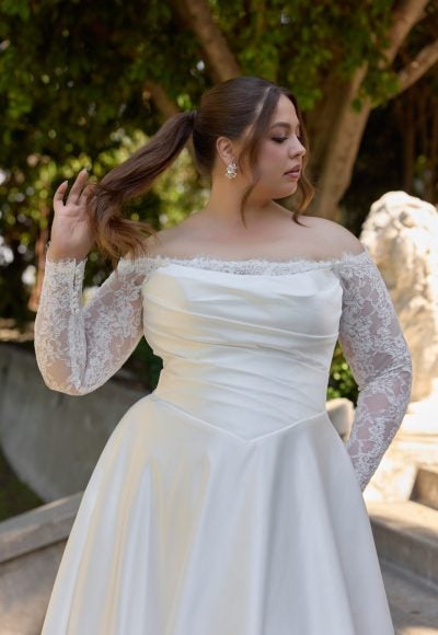 Plus-Size Romantic And Elegant Off-The-Shoulder Long Sleeve A-Line Wedding Dress With Buttons by Essense of Australia