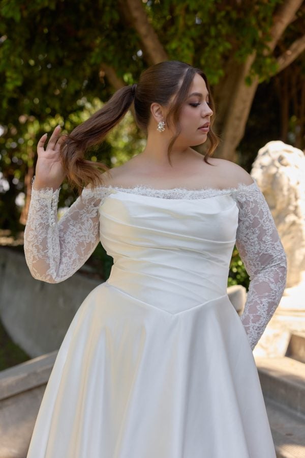 Plus-Size Romantic And Elegant Off-The-Shoulder Long Sleeve A-Line Wedding Dress With Buttons by Essense of Australia - Image 1