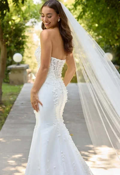 Modern And Romantic Strapless 3D Floral Silk Fit-And-Flare Wedding Dress With Buttons by Essense of Australia - Image 2