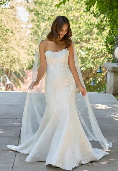 Modern And Romantic Strapless 3D Floral Silk Fit-And-Flare Wedding Dress With Buttons by Essense of Australia