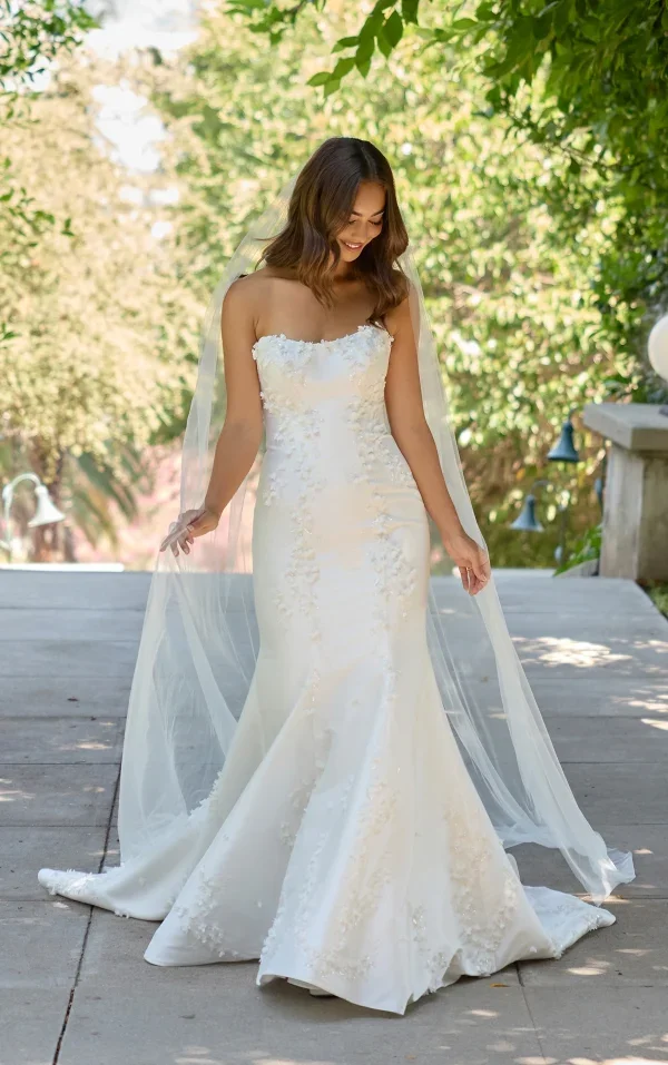 Modern And Romantic Strapless 3D Floral Silk Fit-And-Flare Wedding Dress With Buttons by Essense of Australia - Image 1