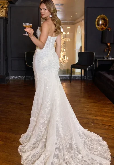 Strapless Embellished Lace Fit-And-Flare Wedding Dress With Buttons by Essense of Australia - Image 3