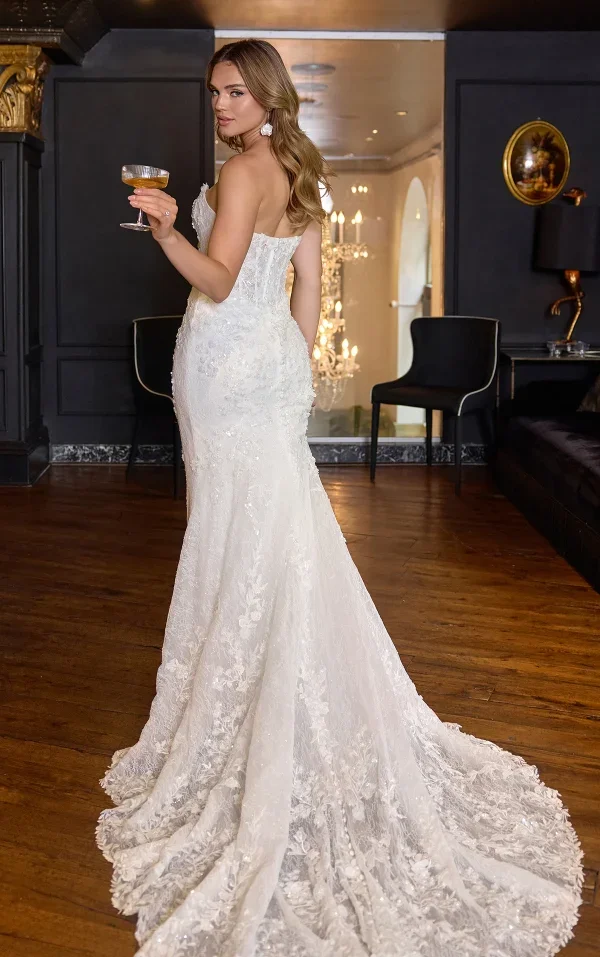 Strapless Embellished Lace Fit-And-Flare Wedding Dress With Buttons by Essense of Australia - Image 3